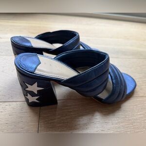 Sandro Paris Navy Leather Star Heel Sandals Size 39 Block Heel Slides